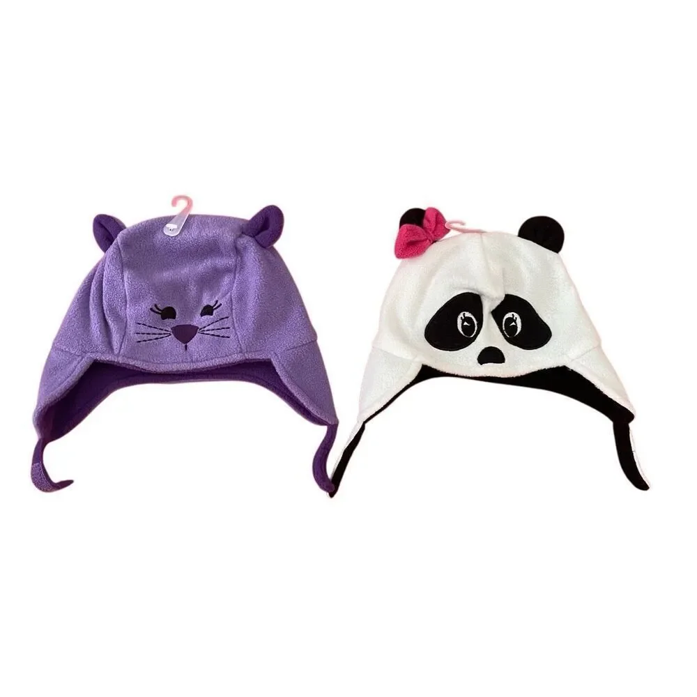 Lot of 2 Nwt Baby Cat Panda Winter Hats 0 to 12 Months Ear Flaps Infant Fleece C